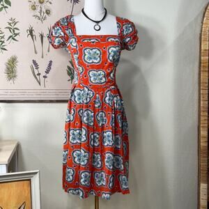 LazyBones Australia Orange Floral Fit & Flare Dress Retro Mod Cottage Prairie M